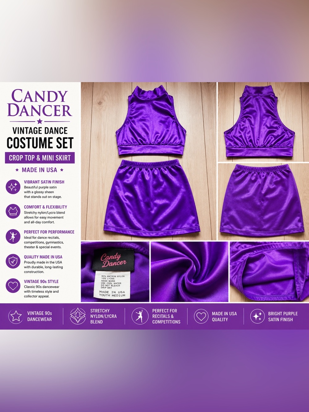Vintage Candy Dancer Purple Satin Dance Costume Set Crop Top & Mini Skirt